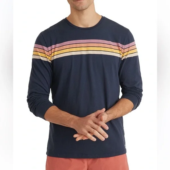 Marine Layer Men's Blue Long Sleeve Cooper Tee Indigo Sunset Stripes Sz Medium