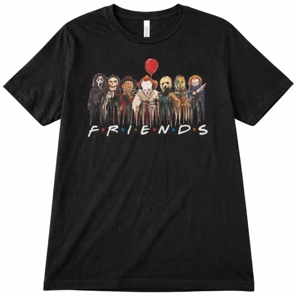 Halloween T-Shirt Scary Movie Characters Friends Black XL IT Chucky Freddy