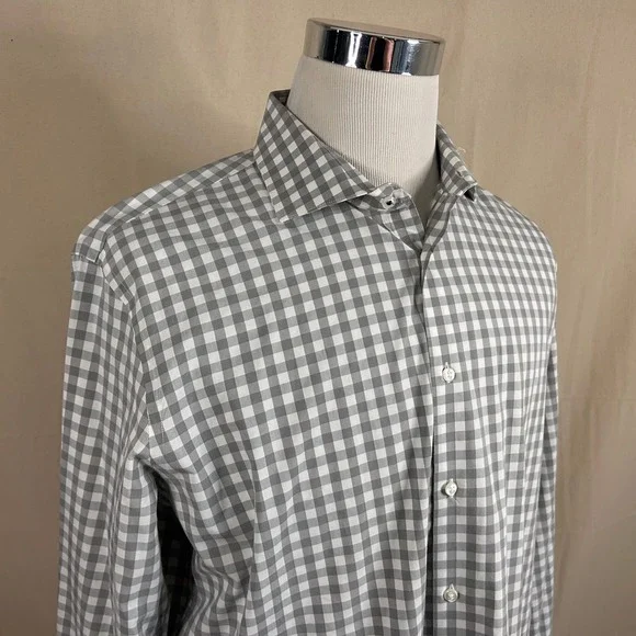 Nordstrom 16.5 34/35 Tech Smart Trim Fit Dress Shirt Gray Plaid Cotton Blend