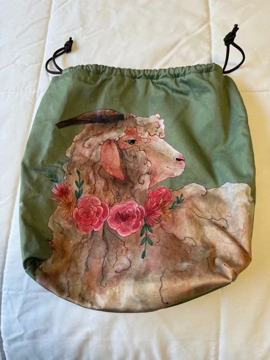 Blue rabbit house lamb floral drawstring bag cottagecore sheep pouch handmade