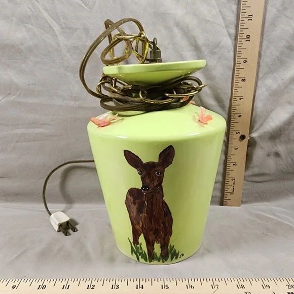 Vintage Ceramic Hanging Swag Light Mid Century Handpainted Deer Used