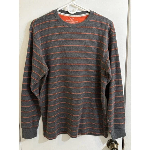 Men's Faded Glory Striped Long Sleeve T-Shirt Medium Gray & Orange