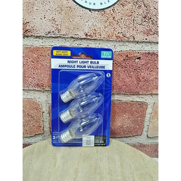 Night Light Bulbs Soft White 7W Clear C7 20 Lumens 120 Volt 3 Bulb Pack New