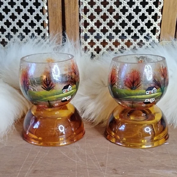 . Vintage Hand Painted Glass Candle Holders - Autumn Country Farmhouse Scene
