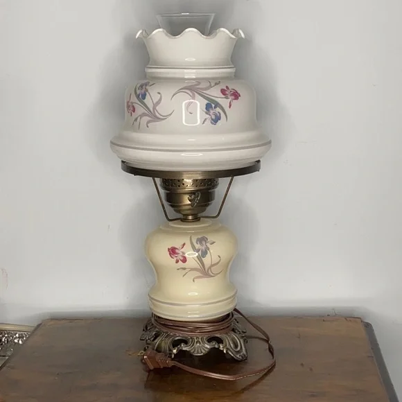 . Vintage Milk Glass Hurricane Lamp - Floral Pattern on Milk Glass Table Top