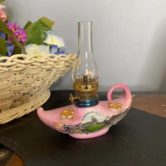 . Vintage Pink Ceramic Oil Lamp Lantern - Washington D.C. Souvenir