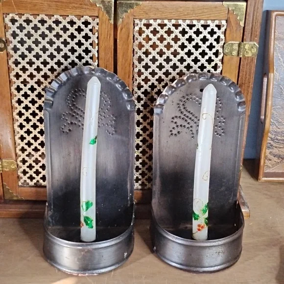 . Vintage Tin Candlestick Sconces - Metal Wall Candle Holders - Tin Stamp Punch