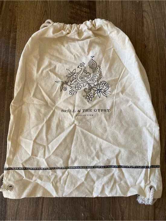 Spell Natural Canvas Drawstring Bag with Black Floral Peacock Print