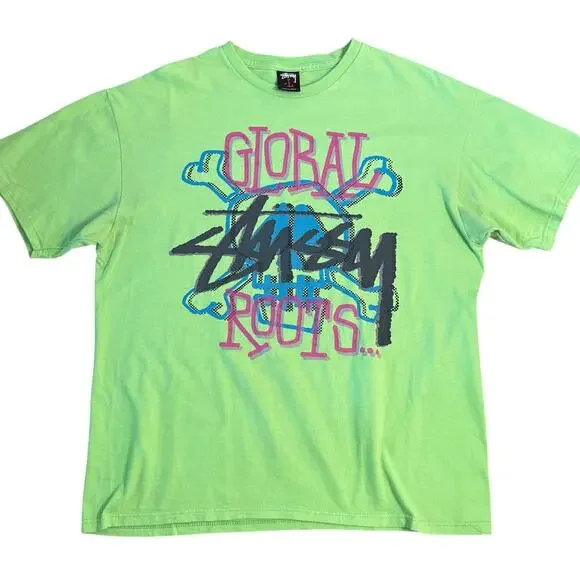 VTG Stussy Shirt Global Roots VTG Skull Crossbones Lime Green Men’s Size Large