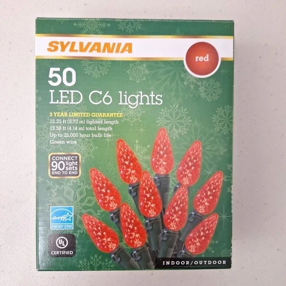 Sylvania 50 Red LED Lights C6 Steady Lit Indoor/Outdoor NEW