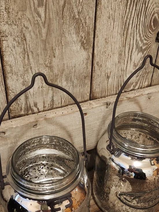 Glass Mercury Hanging Lantern/Jars with Dark Metal Handle - Clear/Silver