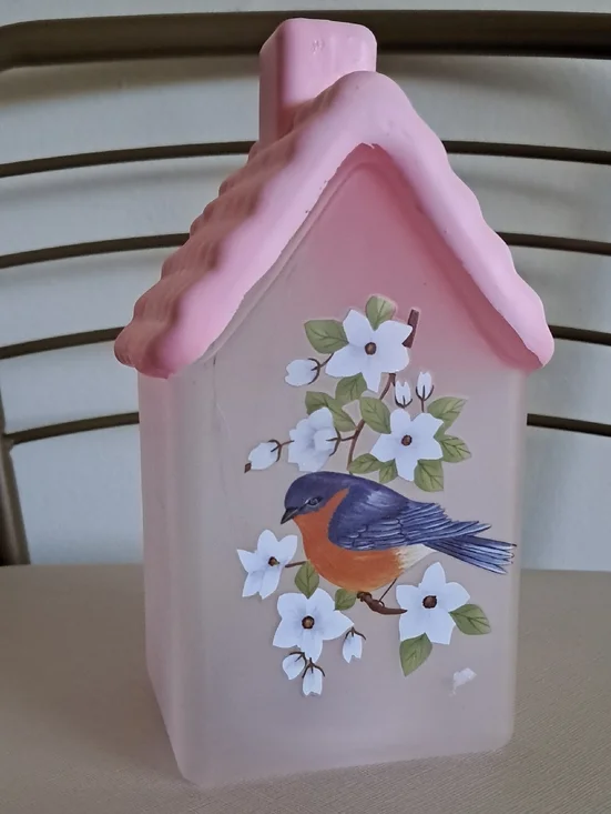 Pink Floral Birdhouse Accent Lantern with Hand-Painted Bird