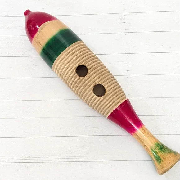 Vintage Wooden Fish Guiro Handheld Percussion Latin Instrument Hand Carved 16