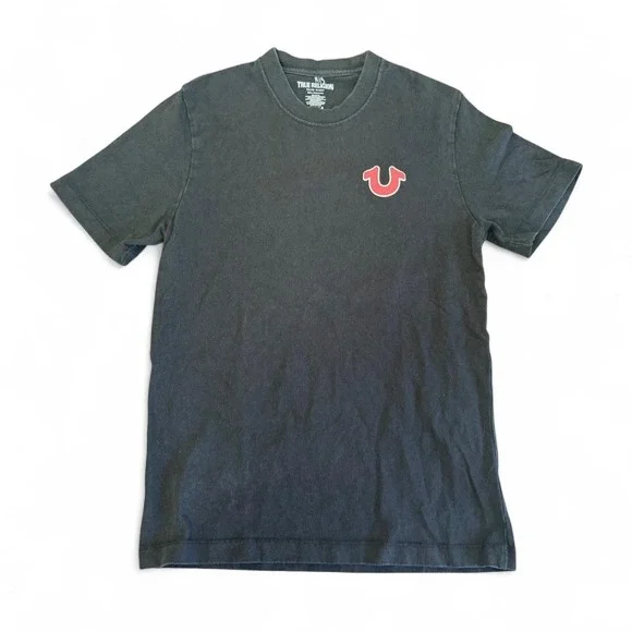 True Religion Black Graphic Tee, Red Horseshoe & Buddha Guitar - Small