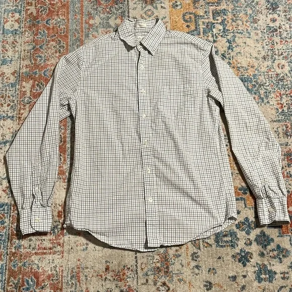 JCrew tailored fit washed casual brown and white checked plaid button-up shirt