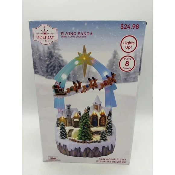 NIB 2024 Holiday Time Christmas Flying Santa Village Light Up & Plays 8 Carols