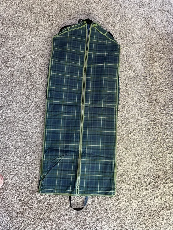 Vintage green/blue tartan plaid vinyl garment bag with zip and folded handles