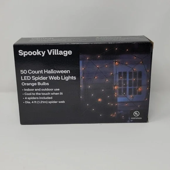 Spooky Village Spider Web LED Lights 50 Count Orange Bulbs‎ Indoor Outdoor Use