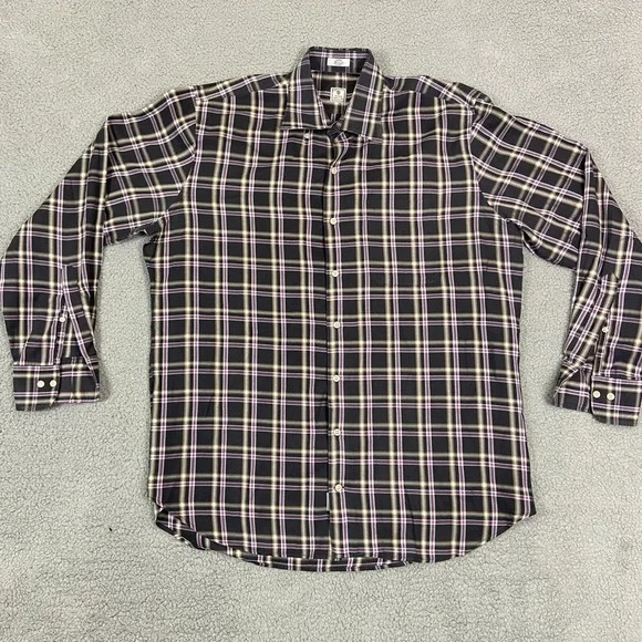 Peter Millar Button Down Shirt Mens Large Blue Black Plaid Long Sleeve‎