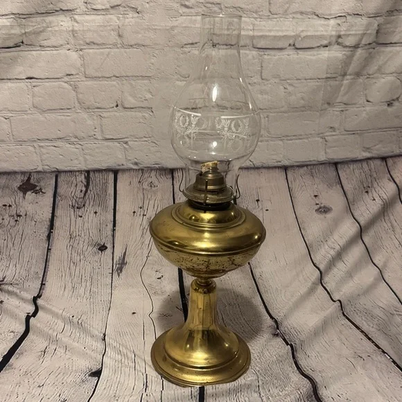 VTG Metal Oil Lamp, Glass Chimney Etching of Torches & Laurel Wreaths in white