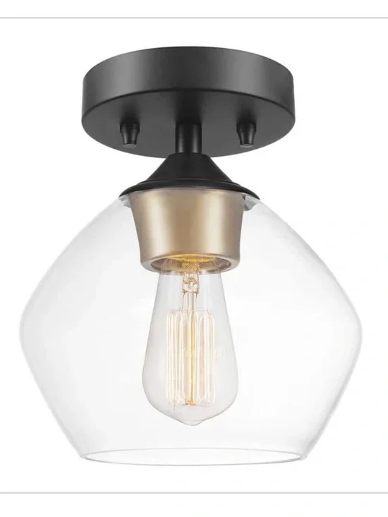 New Globe harrow Semi-Flush Ceiling Light with Clear Shade Black/Gold Accents
