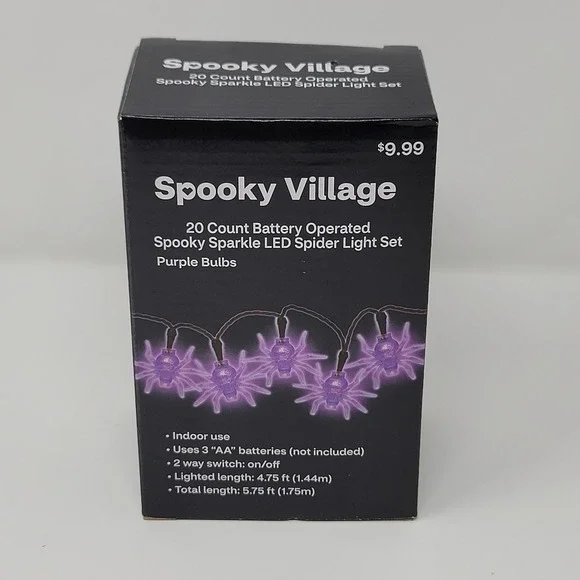 Spooky Village Sparkle‎ LED Purple Spider Light Set 20 Count Battery Operated