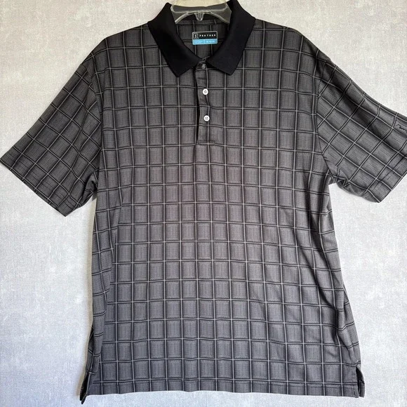 PGA TOUR Polo Shirt Mens XL Gray Black Savannah Grid Plaid Knit‎ Golf 3-Button