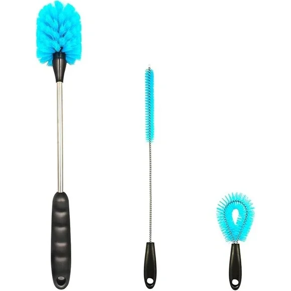 3-in-1 Water Bottle Brush Set Stainless Steel Long Handle Blue Cleaning Kit Tool