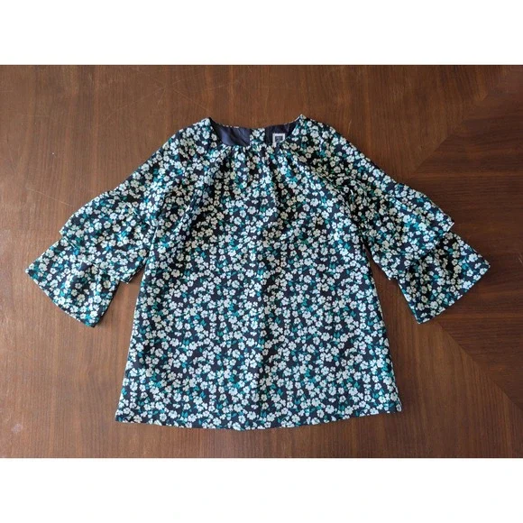 Janie‎ and Jack Girls 2T Navy Teal Floral Tiered Bell Sleeve Button Back Blouse