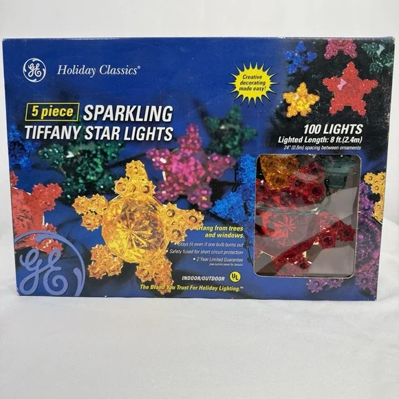 GE Five Sparkling Tiffany‎ Sparkling Christmas Star Hanging Lights New Open Box