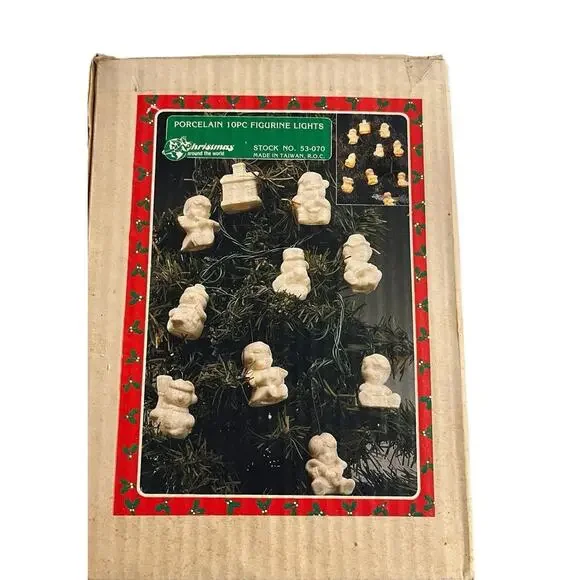 Vintage Christmas Tree String Lights Porcelain 10 Piece Figurine Snowman Cozy