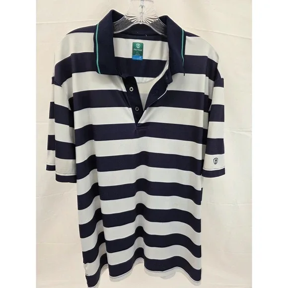 Pro Tour Coolplay Mens XL Golf Polo Shirt Navy Blue White Striped‎ Short Sleeve