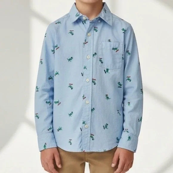 OshKosh Button Down Shirt Kids‎ Size 8 Blue Dinosaur Skateboard Long Sleeve