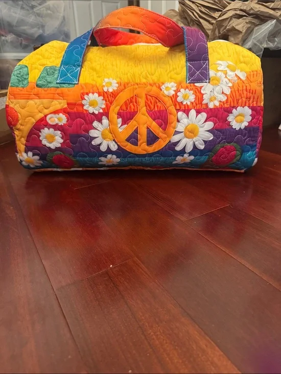 Colorful Rainbow Quilted Duffel with Peace Sign & Daisies