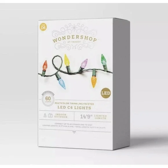 Wondershop 60 LED Faceted C6 Christmas String Lights/Twinkling/Multi-color - NEW