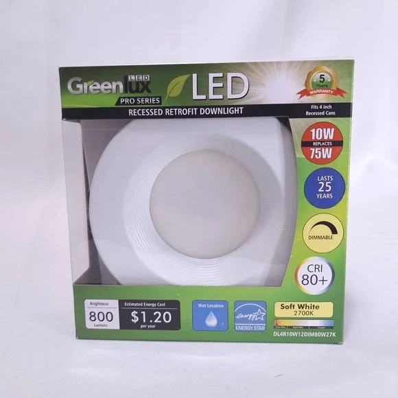 Greenlux‎ LED 4in Recessed Downlight 10W Dimmable Soft White 800 Lumens