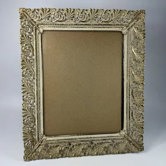 Vintage Gold White Ornate Filigree Metal Photo Frame 8x10