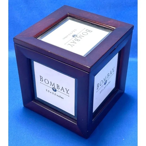 Bombay Co Wood Photo Cube Square Box 5 Glass Sides Hinged Lid 3.5