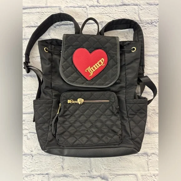 Juicy Couture black quilted backpack heart motif, drawstring top.