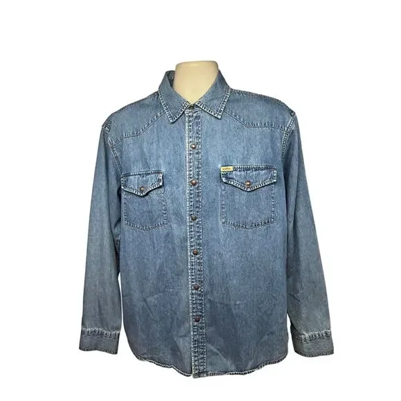 Levis Sawtooth Western Blue Mens Denim Snap Up Shirt Large Flap Pockets Cotton