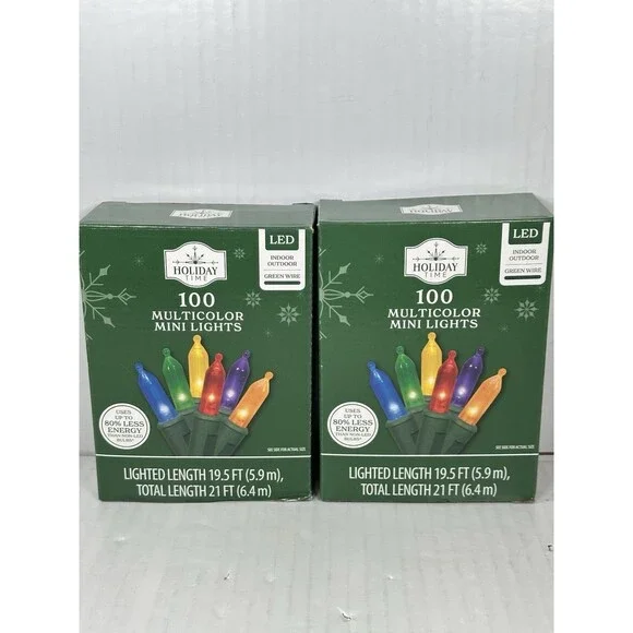 Lot Of 2 Holiday Time 100 MULTICOLOR Mini LED Christmas Lights Strand Green Wire