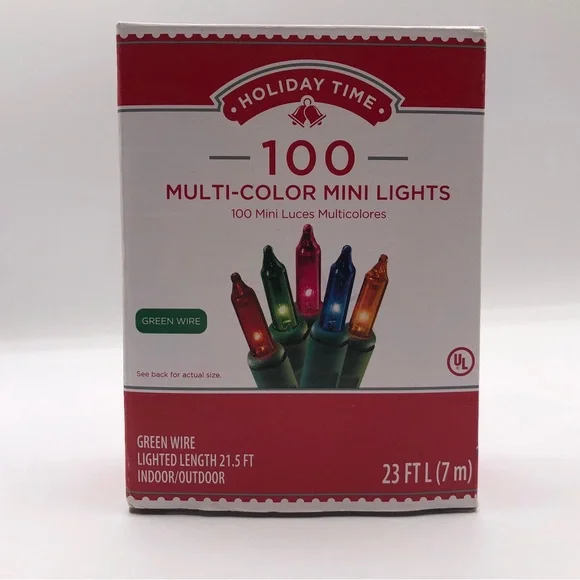 Holiday Time 100 Multicolor Mini Lights Green Wire Indoor/Outdoor Use 23 Feet