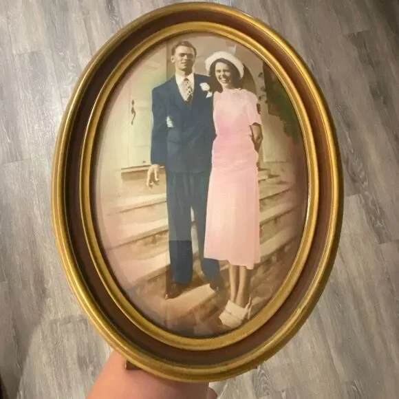 Antique Colorized Photo Wood Oval Gold Frame Convex Bubble Glass Wedding Formal