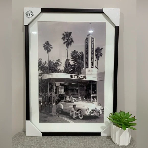 Black and White Vintage Car/Gas Station Framed Wall Art 29 X 21 NEW!