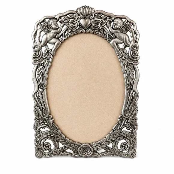 Vintage Ornate Cherub Picture Frame Silver Tone Oval Floral Metal Wall Decor