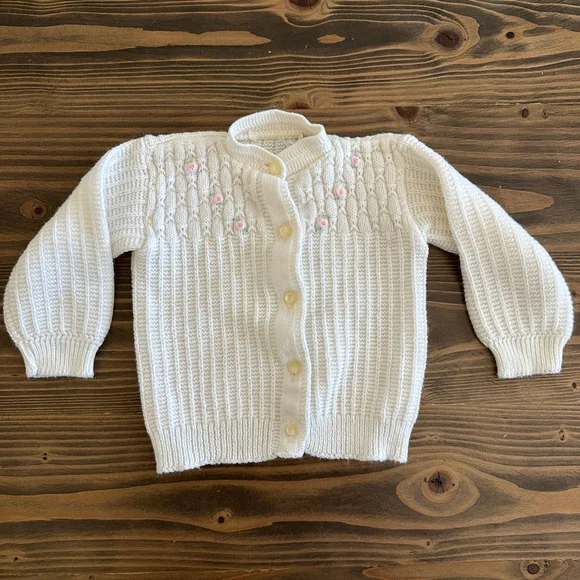 Baby Sears & Roebuck White Knit Cardigan Sweater Pink Floral 12 Months Vintage