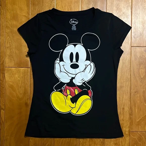 Disney Mickey Mouse Graphic Tee XL Black Cap Sleeve Fitted WDW Classic Shirt