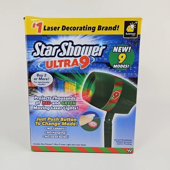 Star Shower Ultra 9 Christmas Laser Light Projector Stake Red Green Open Box New