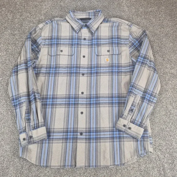 Carhartt Heavyweight Flannel Shirt Mens XL Gray‎ Blue Plaid Loose Fit Cotton