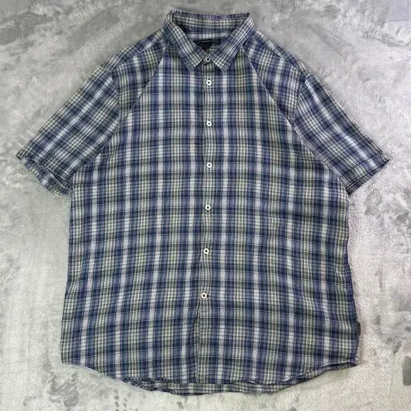 Y2K John Varvatos USA Plaid Button Up Shirt Mens XL Blue Short Sleeve